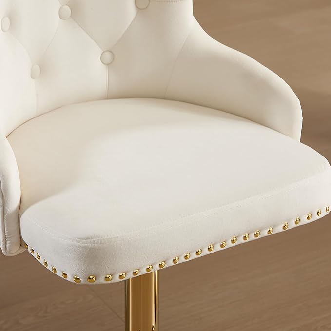 Velvet Gold Barstools Set of 2, Modern Counter Height Adjustable Swivel Stools Chairs with High Tufted Backrest Golden Base Lion Head Pull Ring Diamond Pattern Rivet Trim for Kitchen, Cream
