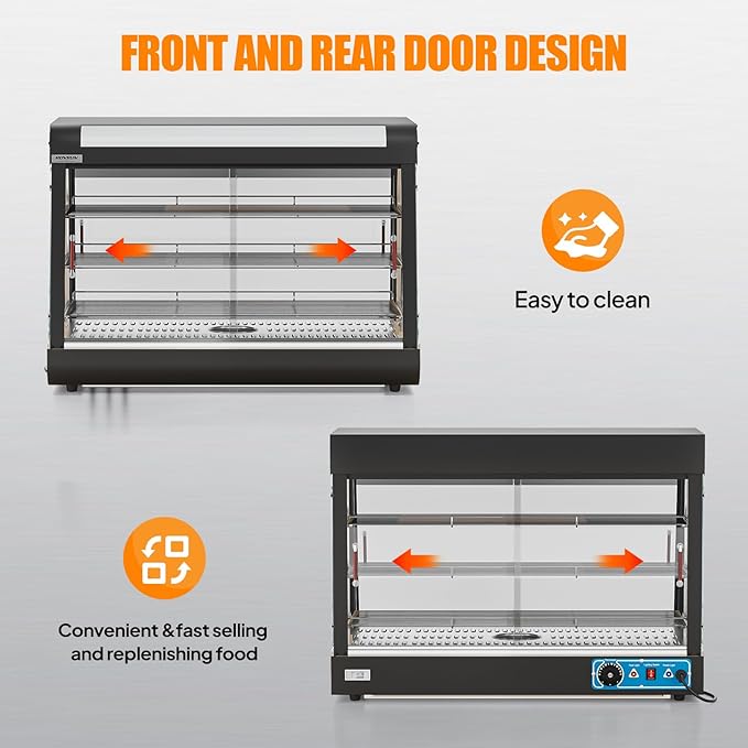 ROVSUN 35" Pizza Warmer Food Warmer Display, 3-Tier Electric Food Warmer Commercial Countertop w/LED Lighting Adjustable Removable Shelves Glass Door, Pretzel Warmer for Buffet Restaurant 1500W