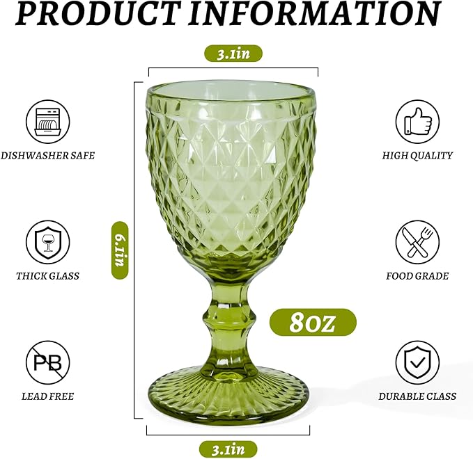 Vintage Wine Glasses Set of 6, 12 OZ Colored Glass Water Goblets, Embossed Floral Decorative Crystal Glass Cups Set, Dishwasher Safe, for Wedding, Party, Red Wine Glass, Bars, Restaurants