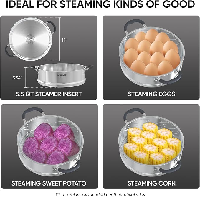 SUNHOUSE - 5.5 Quart Steamer Pots With Lid 2-Tier Multipurpose Stainless Steel Steaming Pot Cookware With Handle For Vegetable, Dumpling, Sauce, Food - Triple Bottom, Measurement Line