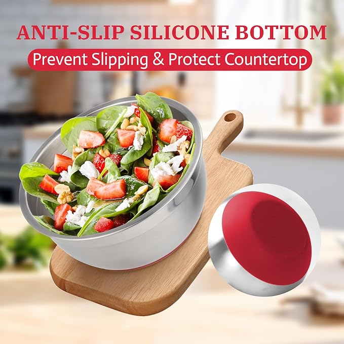 MARSKITOP Stainless Steel Mixing Bowls with Lids Set, Nesting Mixing Bowls with Airtight Lids, Measurement Marks and Red Non-Slip Bottoms, Great for Mixing and Serving, 1.5QT & 3QT & 5QT