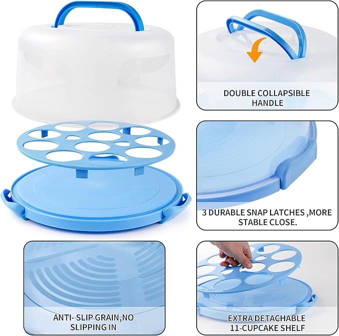 Portable Cake Carrier with Handle, Round Cupcake Holder with Lid, Plastic Storage Container Box fit 10 inch Cake, 3-Locking Muffin and Pies Keeper with Cover (Blue)