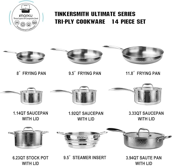 imarku Pots and Pans Set, 14PCS Kitchen Cookware Sets Tri-Ply Clad Stainless Steel with Hangered Handle and Lids, Suits Ceramic and Induction, Oven and Dishwasher Safe, Best Gifts for Women Man
