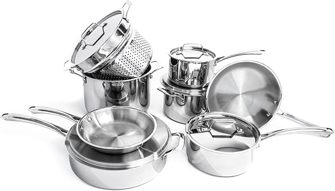 BergHOFF Professional Tri-ply 18/10 Stainless Steel 13Pc Cookware Set With Matching Lid Safe Grip Handle Induction Cooktop Measurement Markings Inside Fast & Even Heat Oven Safe Dishwasher Safe