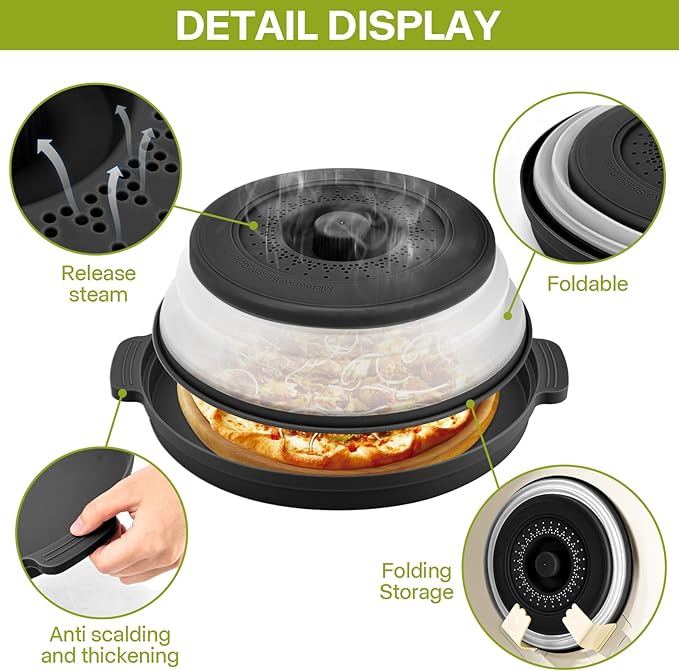 Microwave Food Splatter Cover & Base Mat,10.5 Inch Large Plastic & Silicone Vented Collapsible Guard Lid, Plate Holder & Kitchen Colander for Meal (Black)