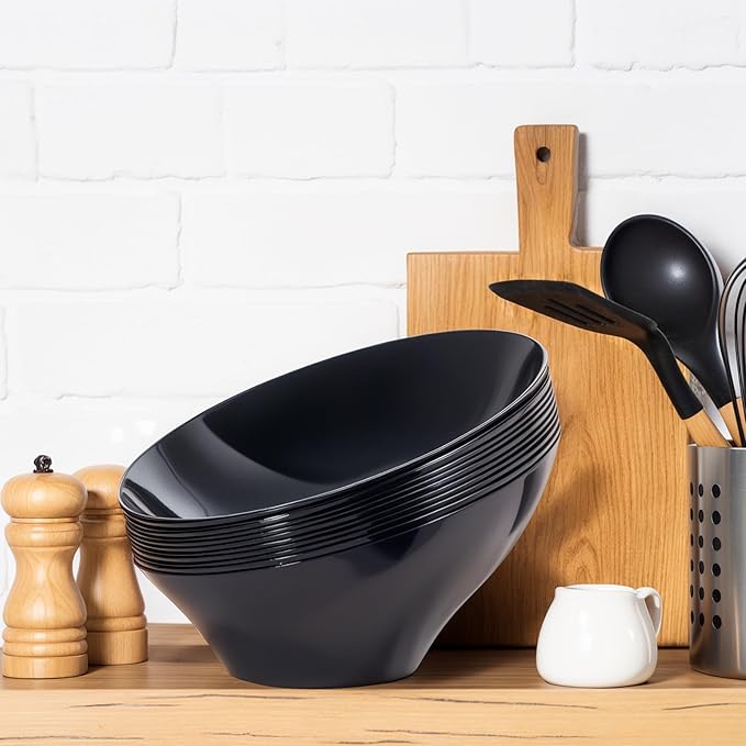 bUCLA 12 Pack Black Plastic Serving Bowls - 54 OZ Angled Bowls Disposable for Chip&Candy - Party Table Salad and Fruit for Party, Wedding & Halloween