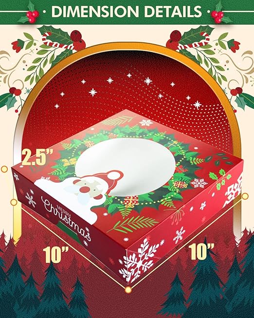 qiqee New Christmas Pie Boxes with Window 10x10x2.5 inch 30Packs Cookie Donut Bakery Box