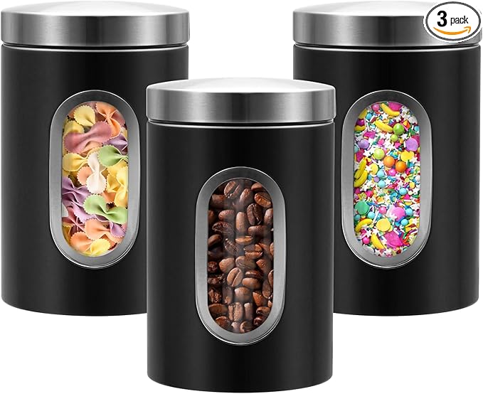 Canisters Sets for the Kitchen, 3pcs Sugar Flour Tea Coffee Storage Jars Stainless Steel Food Container Organizer for Kitchen Counter with Transparent Window (black)