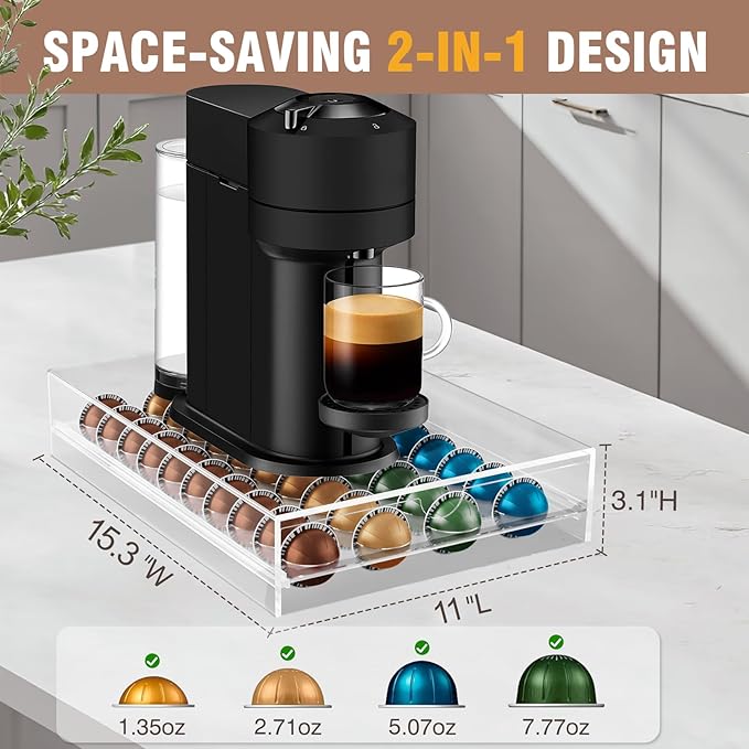 Acrylic Coffee Pod Holder Storage Drawer, Clear 40 Pods Coffee Capsule Organizer for Countertop, Pod Holder for Coffee Pod and Espresso Machines