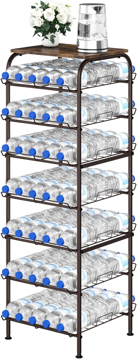 smusei Water Bottle Organizer 7 Tier Free Standing Water Bottle Storage Rack Metal Water Bottle Rack Shelf Large Capacity Bottled Water Holder Beverage Drink Stand for Kitchen Pantry Office, Brown