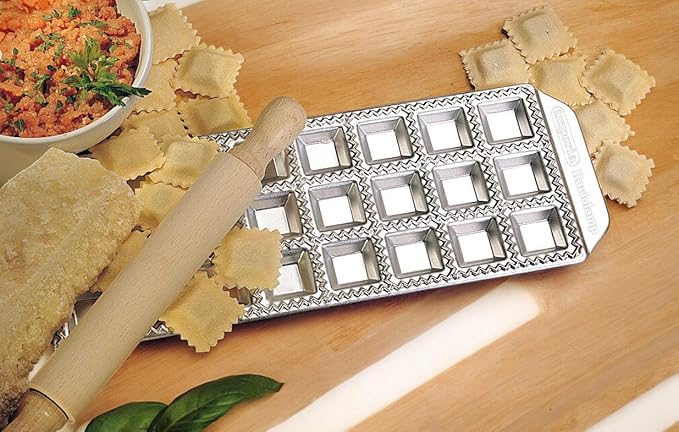 Imperia Ravioli Maker Set- Includes 3 Trays & Wooden Rolling Pin- Pasta Machine Accessory for Filled Ravioli- Durable Aluminum Construction- Press Makes 3 Different Shapes- Homemade Italian Cooking