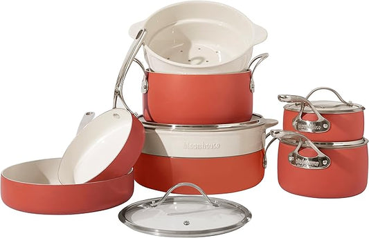 Bloomhouse 12 Piece Aluminum Pots and Pans Cookware Set w/Non-toxic Ceramic Non-stick, Ceramic Steamer Insert, & 12 Protective Care Bags - Terracotta Orange