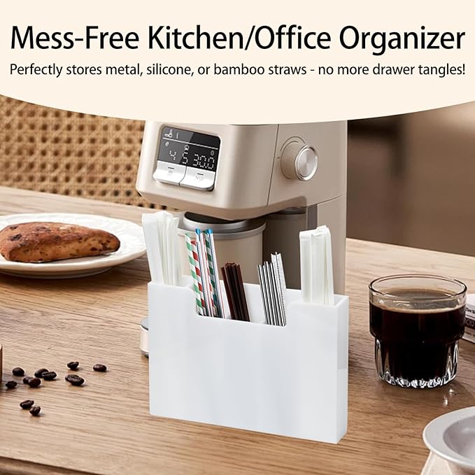Acrylic Straw Organizer Holder for Counter Cabinet, 5 Slot Straw Dispenser with 2 Installation Methods for Kitchen Café Bar, White