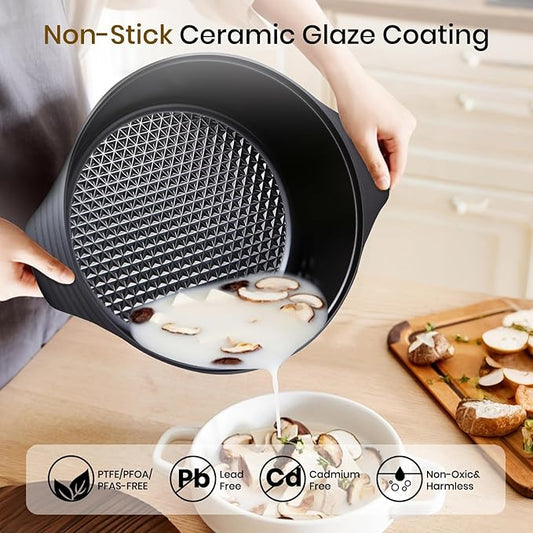 5.6Quart Nonstick Cooking Pot with Lid, Soup Pot with Nonstick Ceramic Coating，“Design of The Heat Exchange Space at The Bottom of The Pan” Suitable for 500°F Dishwashers & Ovens, PFOA Free