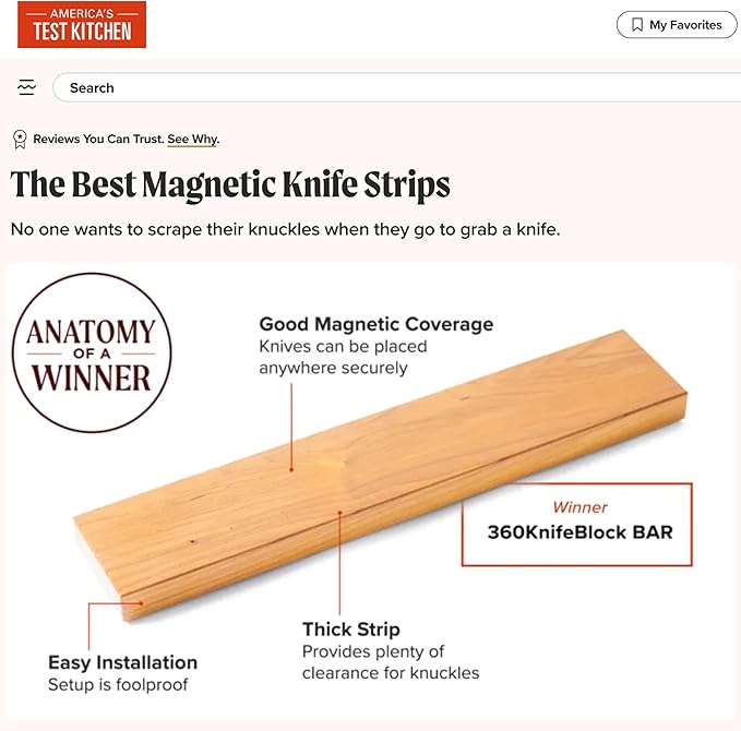 360KnifeBlock magnetic knife HEX - Guitar Wood - 2 Rows of Magnets, 'magic floating backer' 3 sizes from 5" to 26" - handmade in Washington (Guitar Wood, 5" Hexagon)