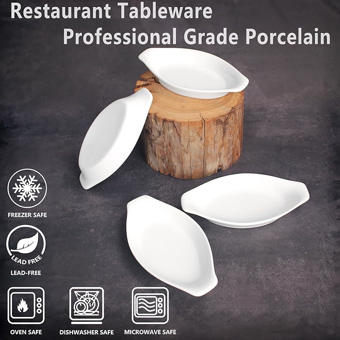 4" x 3"Ceramic Mini Oval Au Gratin Baking Dishes 3.5 oz, Set of 4 Banana Split Bowls,Oven and Microwave Safe, for 1 person servings, Bakeware with Handle(6.5 IN) for Kitchen and Home