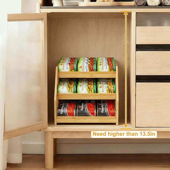 MinBoo Bamboo Can Rack Organizer, Kitchen Pantry Storage, 36 Can Capacity, Tilt Design