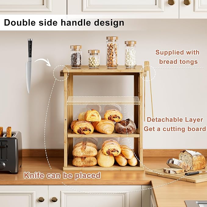 WOWLIVE Bamboo Bread Box for Kitchen Countertop, Large 3 Layers Bread Storage Container for Homemade Bread with Window, Farmhouse Breadbox Organizer for Kitchen, Cabinet, Pantry (Natural, Extra Large)