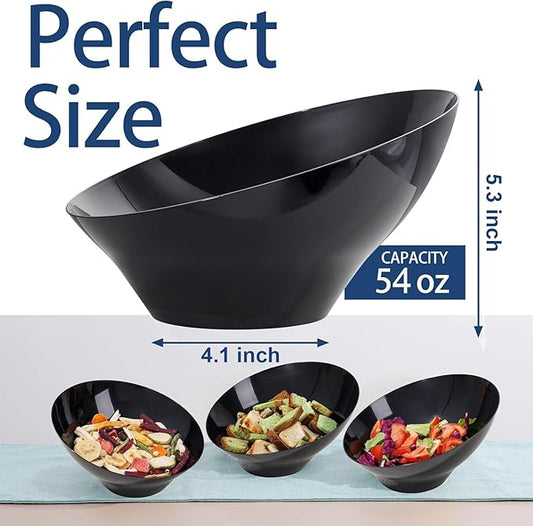 bUCLA 12 Pack Black Plastic Serving Bowls - 54 OZ Angled Bowls Disposable for Chip&Candy - Party Table Salad and Fruit for Party, Wedding & Halloween