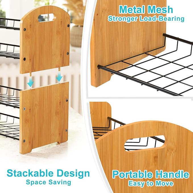 4 Tier Water Bottle Organizer, Stackable Bamboo Water Bottle Holder, Water Bottle Storage Rack Tumbler Travel Mug Cup Organizer for Kitchen Cabinet Countertop Pantry (Black)