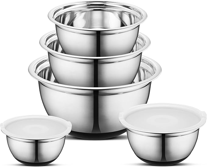 Avador Premium Stainless Steel Mixing Bowls with Lids Non-Slip, Set of 5 Mixing Bowl Set with Silicone Base, Space Saving, Great for Cooking, Baking, Prepping (0.25qt, 1qt, 1.5qt, 3qt, 5qt)