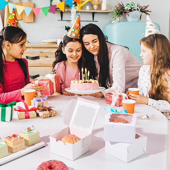 25pcs White Small Cake Box,4x4x2.5 Inch Bakery Boxes with Window,gift boxes bulk for Mini Cake Pastry Dessert Strawberries Chocolates Cupcakes with Stickers