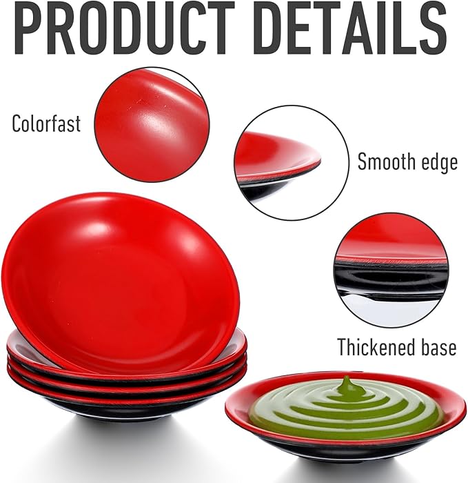 30 Pcs Dipping Bowls Soy Sauce Dishes Dipping Sauce Cups Serving Plate Set Black Red Side Small Dish Pinch Bowls for Condiment, Soy, BBQ, Desserts(Round) ﻿
