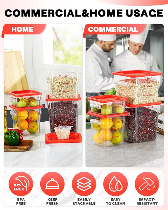 2QT NSF Food Storage Containers: 2 PCS [Food Grade][Hot&Cold Resistant] Commercial Clear Square Food Storage Containers with Scales Handles for Home Restaurant Kitchen Proof Dough(BPA FREE)