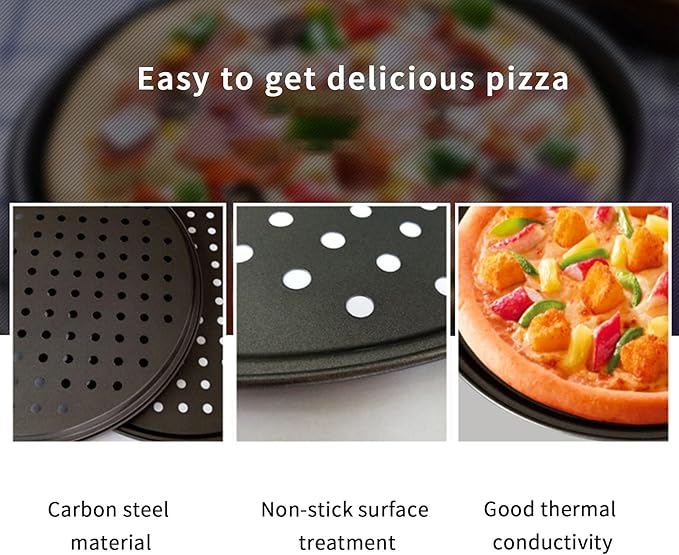 12.6 inch Pizza Pan With Holes, Carbon Steel Perforated Non-Stick Bakeware for Home Kitchen Oven, 2 Pack