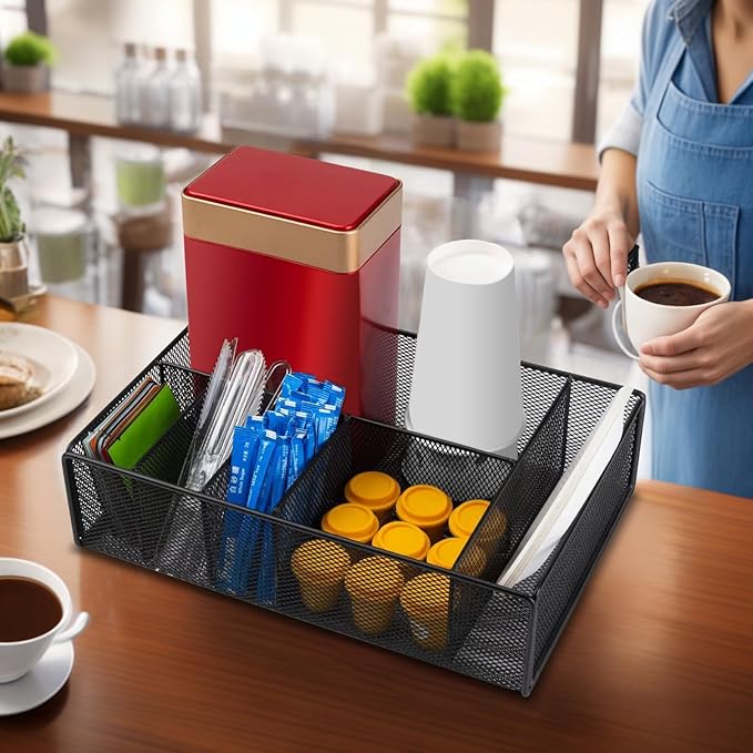 Coffee Bar Organizer for Countertop, Black Metal -6 Compartments Coffee Station Organizer for Tea,Cups, Syrup,Spoons