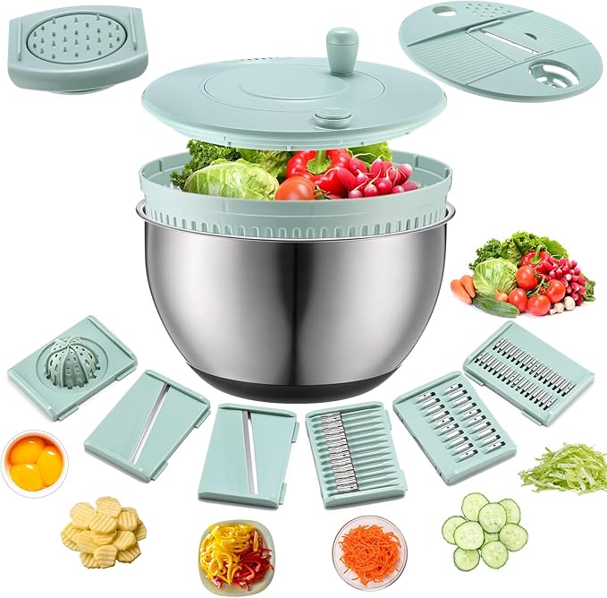 LemonRoad Stainless Steel Salad Spinner Large, Vegetables Fruits Washing Bowl, Fruits Lettuce Dryer with 5 Blade Slicer Egg Yolk Strainer Shredder for Kitchen Efficient Salad Preparation, 5.3 Qt