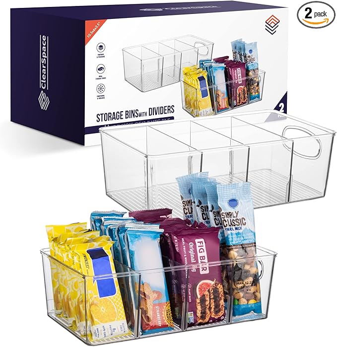 ClearSpace Pantry Organization and Storage Bins with Removable Dividers – Perfect Pantry Organizers or Kitchen Organization – Refrigerator Organizer Bins, Cabinet Organizers (2 Pack)