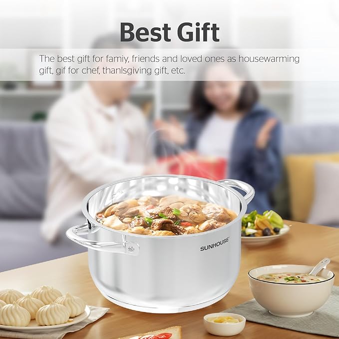 SUNHOUSE 8 Quart Stock Pot with Lid - 3-Ply Bottom Stainless Steel Pasta Cooking Canning Dutch Oven Pot - Induction Compatible for All Stovetops - Dishwasher Safe & Oven Safe