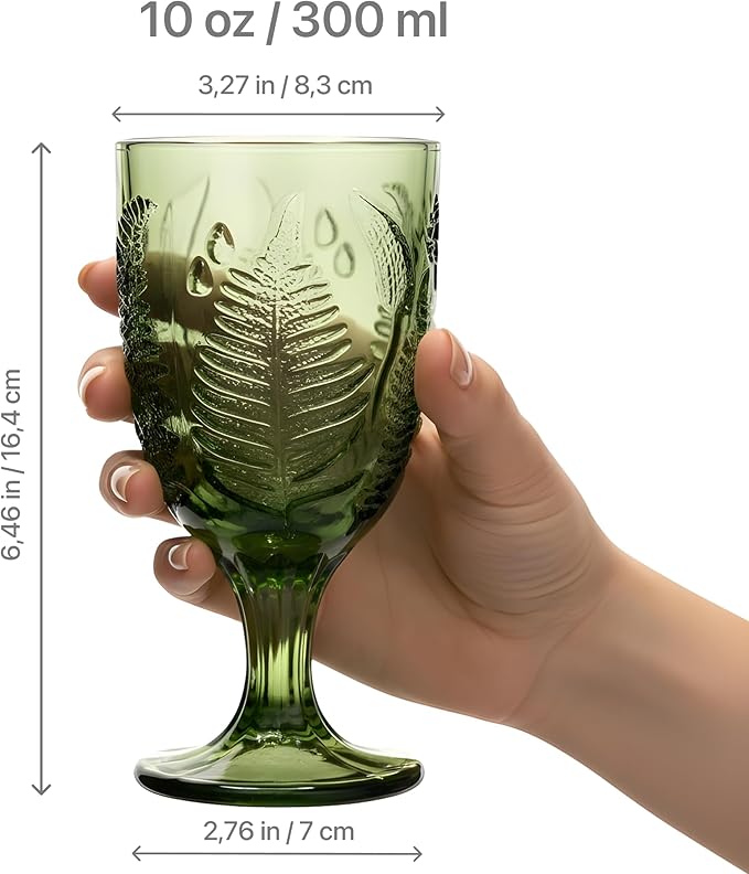 Green Glass Goblets Set of 4-10 oz Vintage Glassware Decorative Wine Glasses, Colored Cute Goblet Drinking Cups, Unique Textured Water Cup Sets, Colorful Aesthetic Pretty Drinkware Gifts