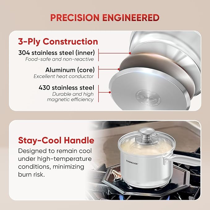 SUNHOUSE – 1.5 Quart Stainless Steel Sauce Pan with Lid - PFOA-FREE, High Stainless Steel Sauce Pan, Induction base, Stay-Cool Handle, Compatible with All Cooktops Gas, Geramic, Electric etc.