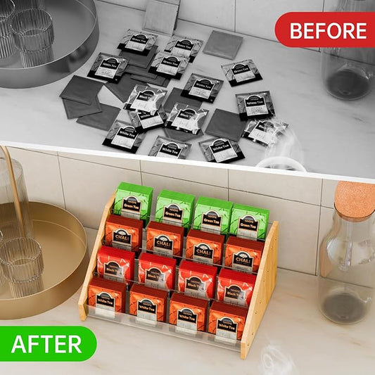 NiHome 4 Layer Tea Bag Organizer, Bamboo & Plastic Tea Storage Holder Organizer, 4-Tier Design Offering Quick and Easy Access, Clear Dividers & Large Capacity, Easy to Assembly