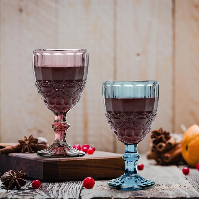 Joeyan Blue Vintage Wine Glasses,Clear Water Goblet Glasses,Stemmed Drinking Glasses with Embossed Pattern,Colored Glassware Set for Wedding Party Banquet Feast,10 oz,Set of 4,Dishwasher Safe