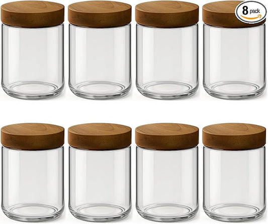 8 Pack 16oz Overnight Oats Containers with Lids, Glass Mason Jars with Acacia Wood Airtight Lids, Wide Mouth Meal Prep Storage Jars for Yogurt, Chia Pudding, Salad, Snacks, Spice