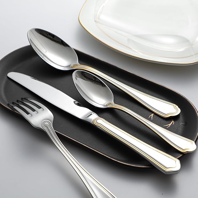 24-Piece Gold Silverware Set Stainless Steel Flatware Set for 6,Mirror Polished Cutlery Utensil Set for Home,Kitchen,Restaurant