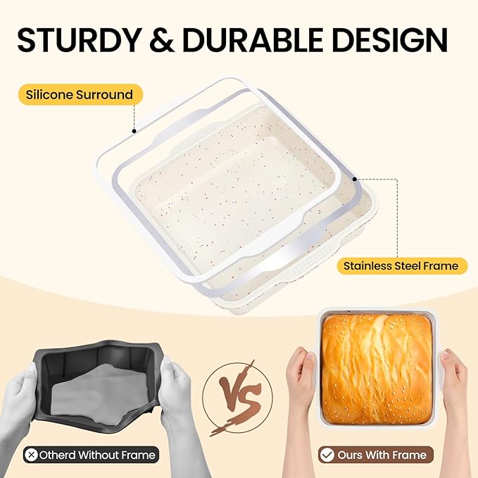 Vinino 8 inch Silicone Square Cake Pan with Metal Reinforced Frame, Nonstick Silicone Brownie Pans BPA Free Suitable for Making Cakes, Brownies, Bread