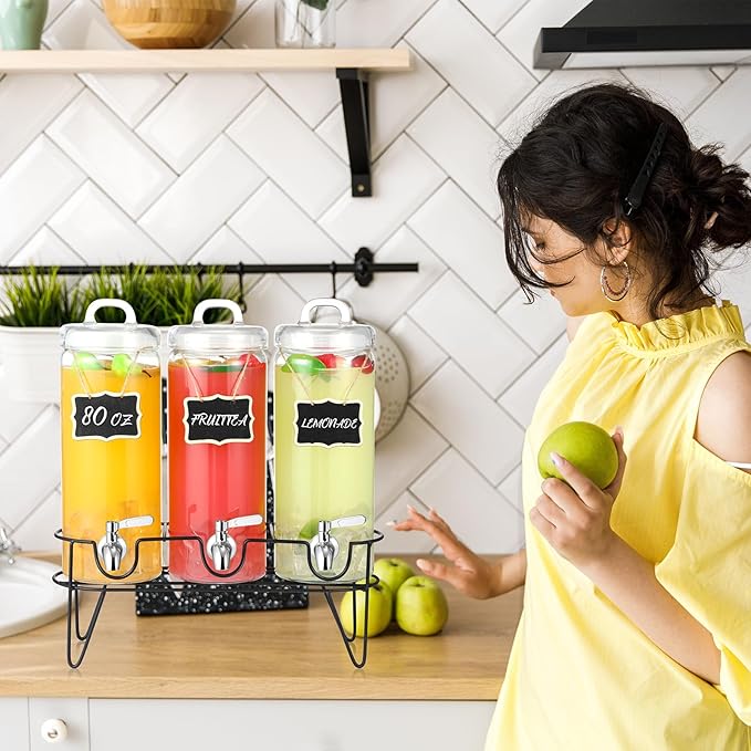 3 Pack 80 oz Tall Glass Drink Dispenser with Stand, Lid, Label and Stainless Steel Leakproof Spigot Beverage Water Dispenser Clear Mason Jar for Party Fridge(Round)