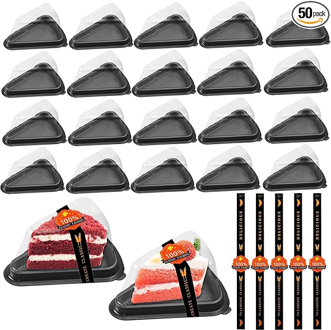 Cake Slice Container, 50 Pack Clear Plastic Cake Containers Cheesecake Container Pie Slice Box, Individual Pie Slice Box Disposable Cheesecake Containers For Pies Snack Dessert(Black)
