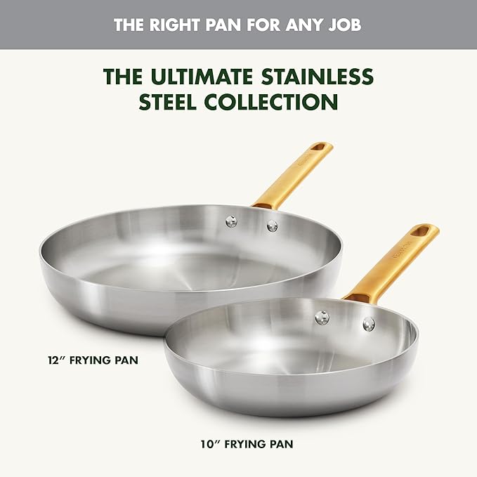 GreenPan Stainless Steel Tri-Ply Reserve 10” and 12” Frying Pan Skillet Set, Multiclad Cookware, PFAS-Free, Induction, Oven & Broiler Safe to 600°F, Heat Responsive Core, Dishwasher Safe, Gold Handles