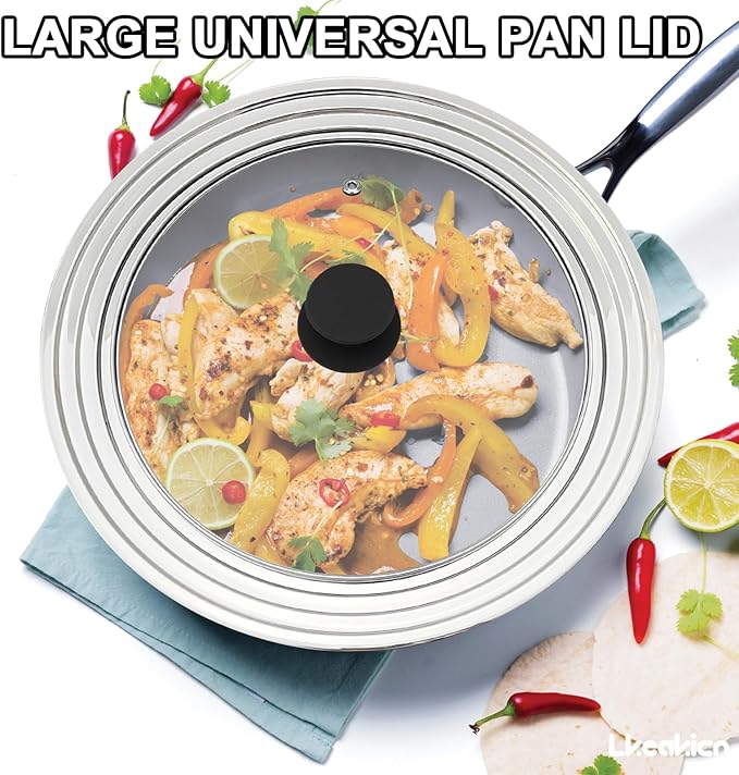 13 Inch Large Universal Pan Lid, Stainless Steel Pots Lid Fit 11, 12,13 Inch Pots and Pans, Heat Resistant Stainless Steel and Tempered Glass Lid, 13 In Frying Pans Lid
