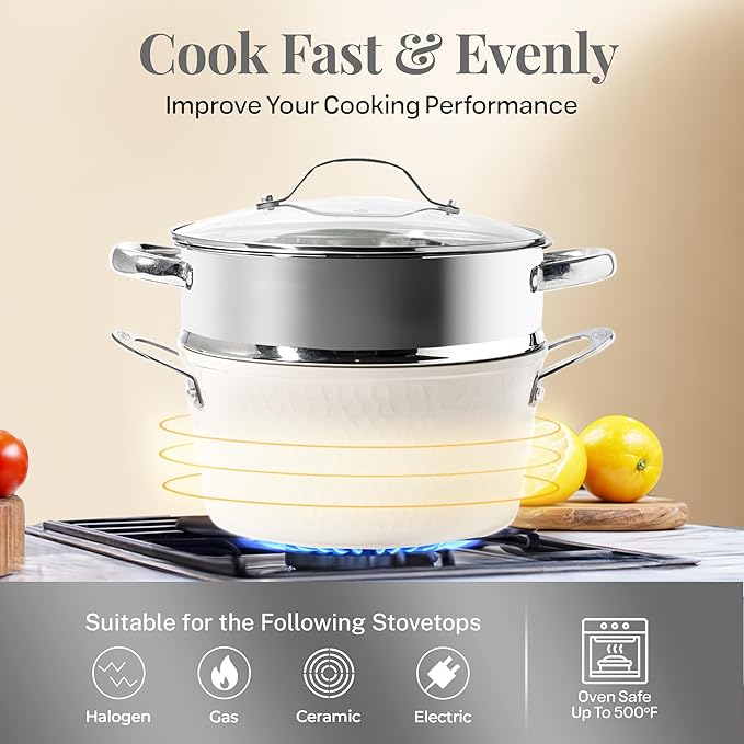 Gotham Steel Hammered 15 Pc Ceramic Cookware Set Nonstick, Deep Pots and Pans Set Non Stick with Induction Cookware, Cooking Utensils & Steamer, Non Toxic PFOA PFOS Free, Oven & Dishwasher Safe