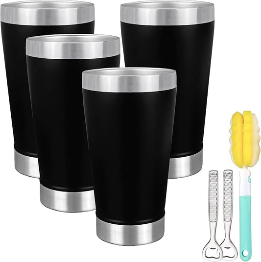 16 oz Insulated Beer Cup Set of 4, Outdoor Tumbler Stackable, Stainless Steel Double Walled Pint Glasses, Cold Mug for Beer, Black, Ideal for Wine Lover, Coffee