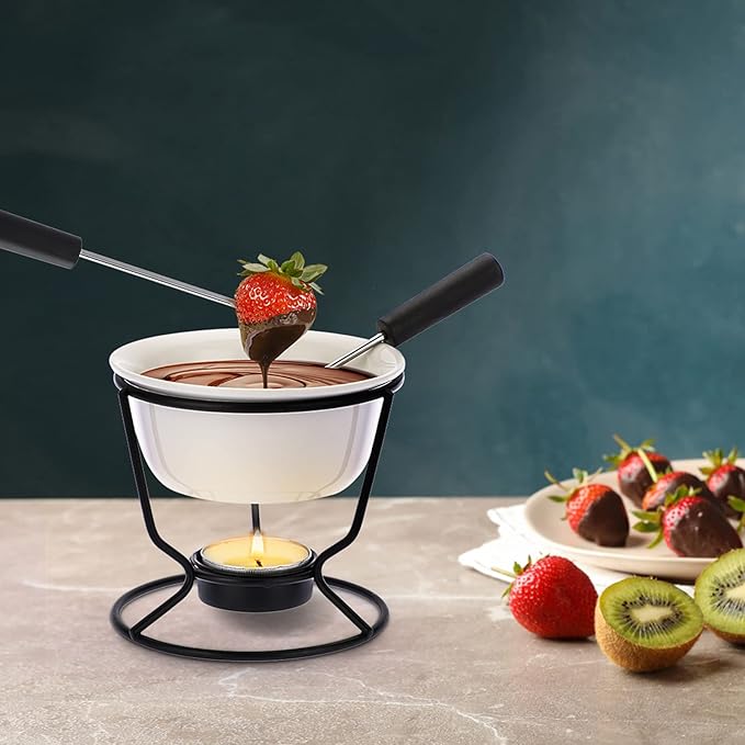 Ceramic Butter Warmer Set, Fondue Pot Melting Pot Set, Melt Hot Pot Round Bowl Set For Cheese Chocolate Butter Caramel, with 2 Dipping Forks