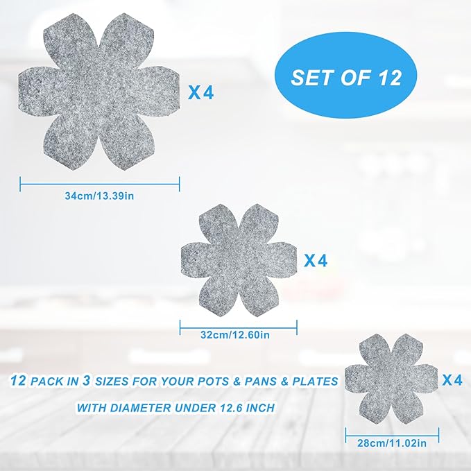 12 Pack Pot & Pan Protectors in 3 Sizes, Stackable Pan Separators to Avoid Scratching or Marring, Cookware Protector Set for Glass Ceramic Plates & Bowls