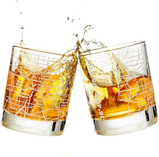 Greenline Goods Whiskey Glasses - 10 Oz Tumbler Set for Dallas lovers, Etched with Dallas Map Old Fashioned Rocks Glass - Set of 2