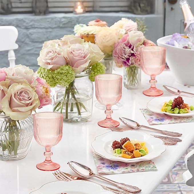 24 Pcs Pink Vintage Wine Glasses, 11 Ounces Colored Glass Water Goblets, Unique Embossed Pattern High Clear Stemmed Glassware Wedding Party Bar Glass Drinking Cups Fancy Glasses Set Hand Wash Only
